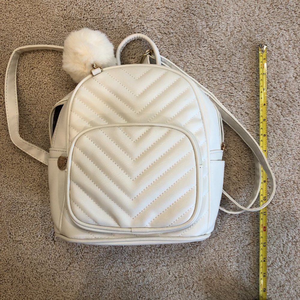 NWOT Mini Backpack Pom Cute Small Backpack Purse Vegan Leather White Cream Bag - Picture 14 of 16